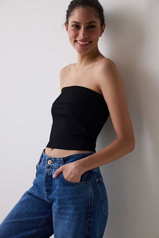 Siyah Katlanabilir Detay Straplez Üst - 3