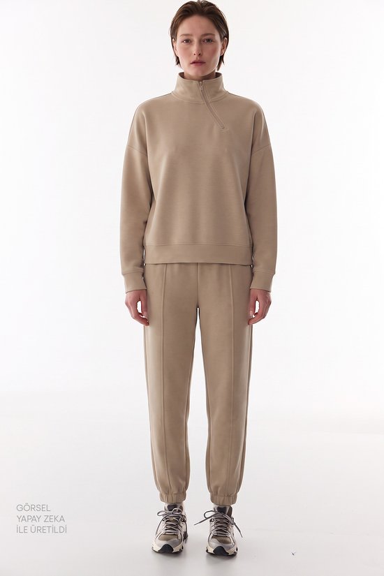 Beige Modal Half Zip Long Sleeve Sweatshirt - 3