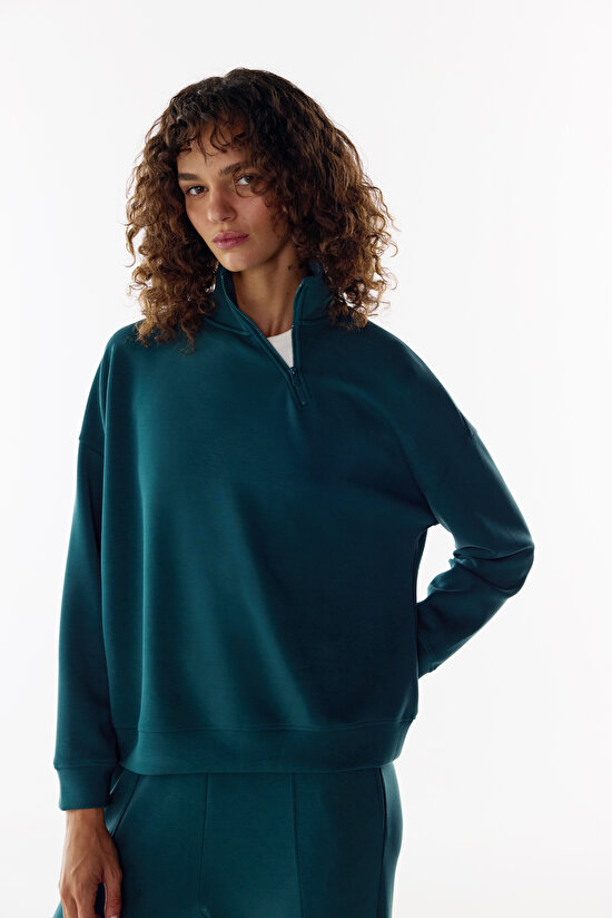 Yeşil Modal Yarım Fermuarlı Sweatshirt - 1