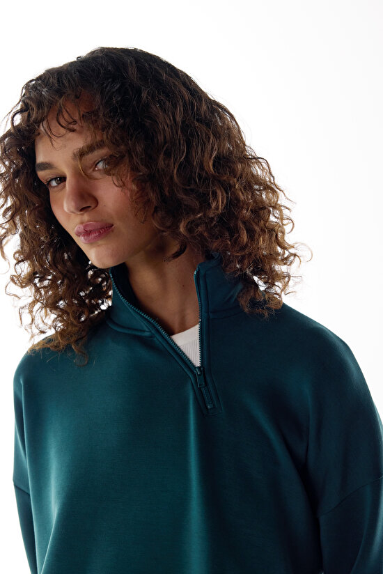 Yeşil Modal Yarım Fermuarlı Sweatshirt - 2
