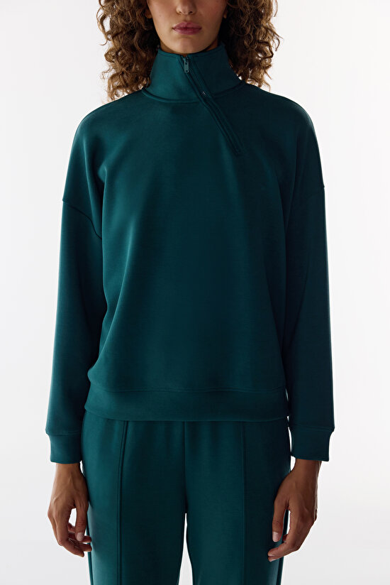 Yeşil Modal Yarım Fermuarlı Sweatshirt - 3