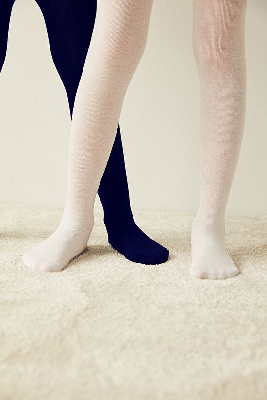 Beyaz Lacivert Kız Çocuk Pamuklu 2'li Külotlu Çorap - 1