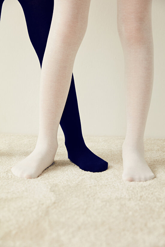 Beyaz Lacivert Kız Çocuk Pamuklu 2'li Külotlu Çorap - 2