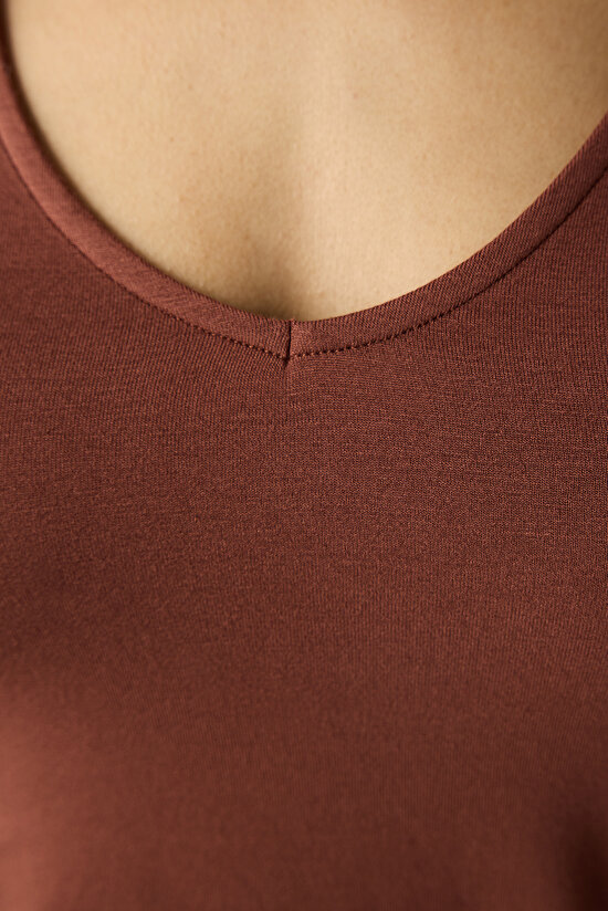 Kahverengi V Yaka Yumuşak Kumaş Kolsuz Üst - 4