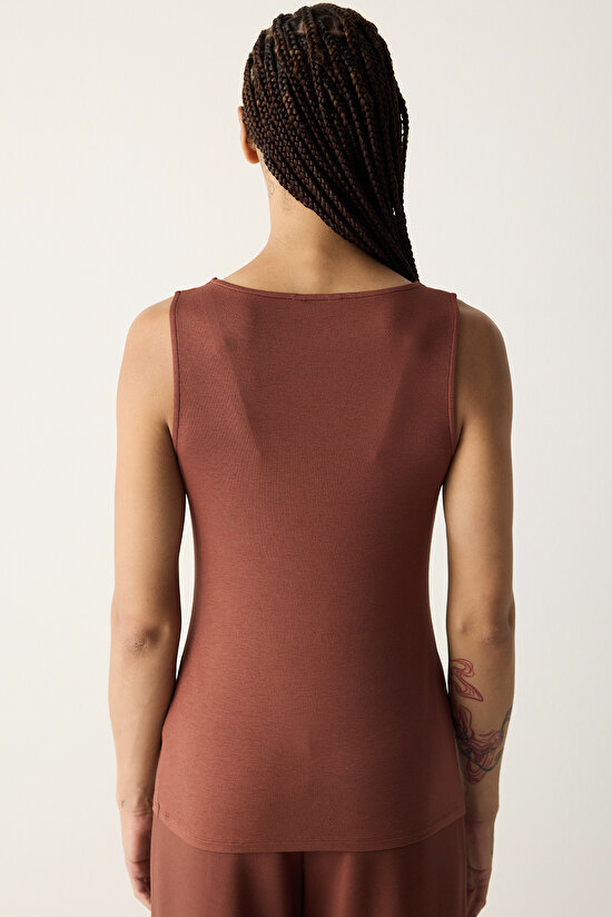 Kahverengi V Yaka Yumuşak Kumaş Kolsuz Üst - 5