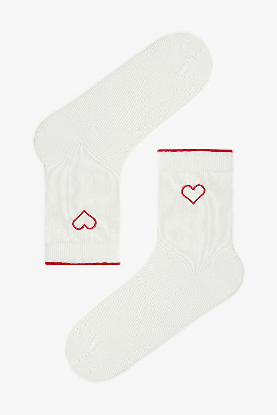3 Çift Burun Dikişsiz Pamuklu Kırmızı Kalp Kabartma Desenli Soket Çorap - 2