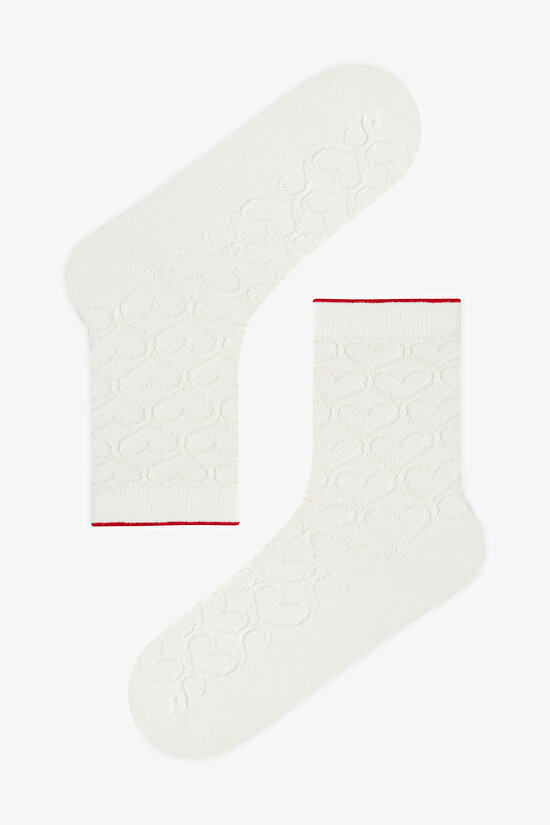 3 Çift Burun Dikişsiz Pamuklu Kırmızı Kalp Kabartma Desenli Soket Çorap - 4