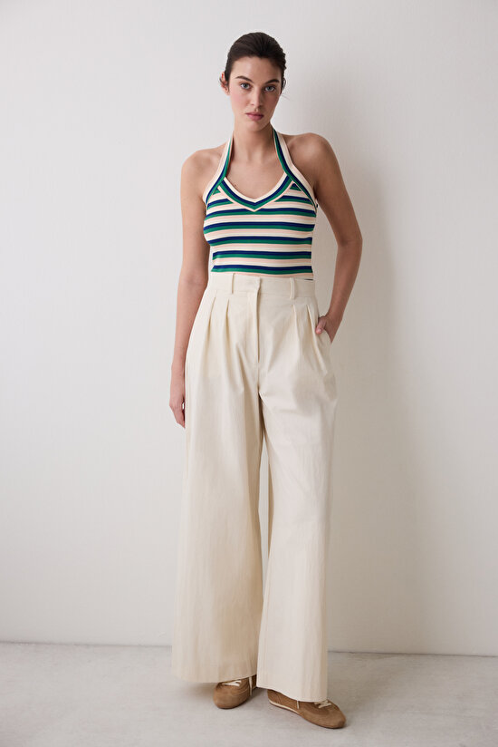 Semi Crop Stripe Halter Çok Renkli Bluz - 3
