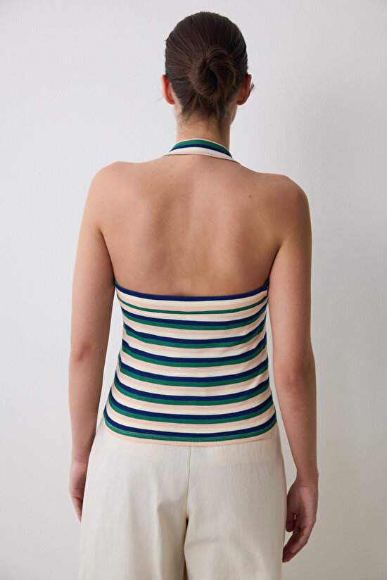 Semi Crop Stripe Halter Çok Renkli Bluz - 5