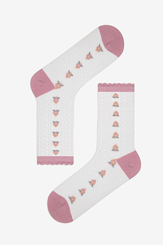 2 Çift Pamuklu Çiçek Desenli Bileği Fırfırlı Burun Dikişsiz Soket Çorap - 3