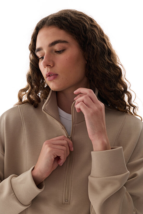 Bej İpeksi Dokunuş Silky Touch Yarım Fermuarlı Sweatshirt - 3