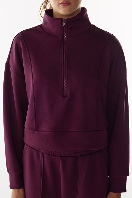 Burgundy Silky Touch Half Zipped Long Sleeve Sweatshirt - 2