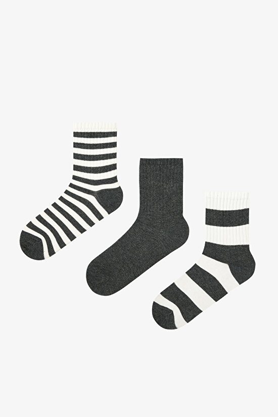 3 Çift Pamuklu Kalın Çizgili Soket Çorap - 1