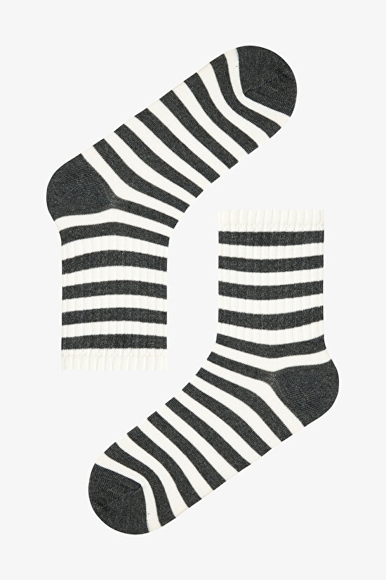 3 Çift Pamuklu Kalın Çizgili Soket Çorap - 2