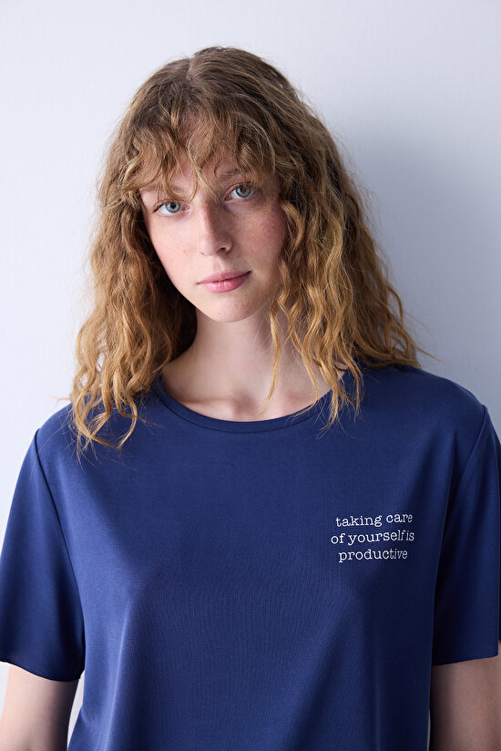 Lacivert Slogan Baskılı Loose Fit Modal Tişört Lacivert Slogan Baskılı Loose Fit Modal Tişört - 3