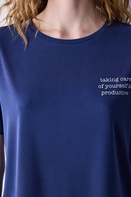Lacivert Slogan Baskılı Loose Fit Modal Tişört Lacivert Slogan Baskılı Loose Fit Modal Tişört - 5