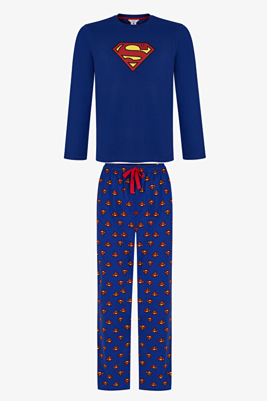 Erkek Superman Ekoseli Pantolon Uzun Kollu Pijama Takımı - 1