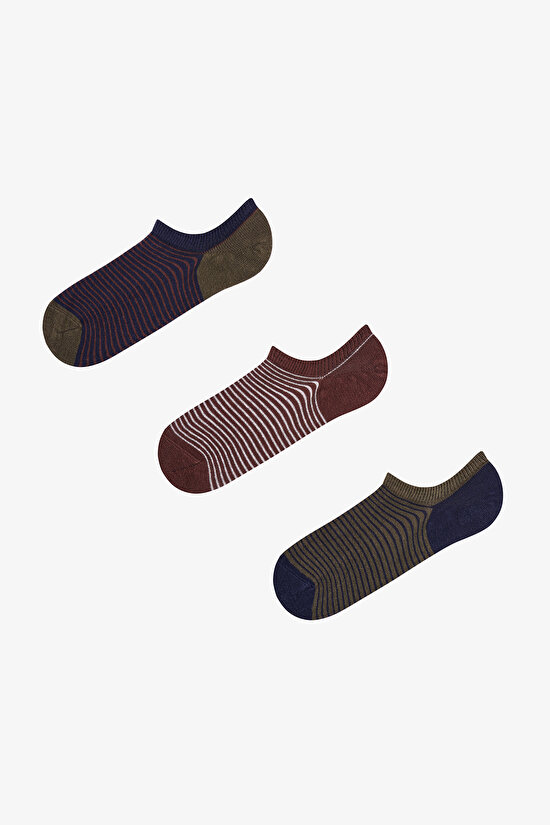 Erkek Haki Below Surface Çizgili Pamuklu 3 Çift Sneaker Çorap - 1
