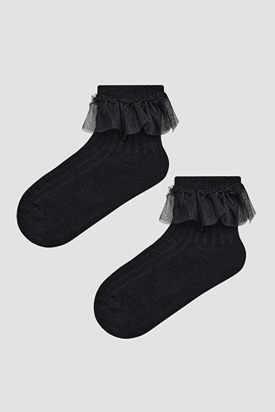 Kız Çocuk Siyah Fırfır Detaylı Soket Çorap - 1
