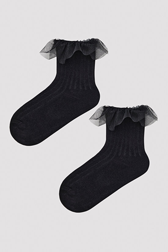 Kız Çocuk Siyah Fırfır Detaylı Soket Çorap - 2