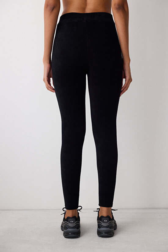 Siyah Yüksek Bel Ribanalı Kadife Tayt - 4