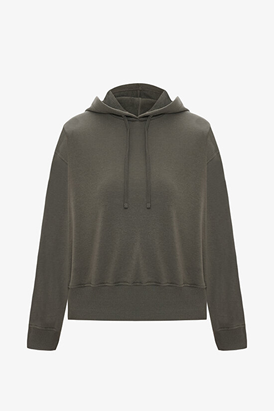 Khaki Hooded Crop Sweatshirt - 1