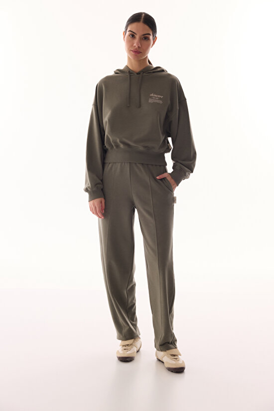 Haki Kapüşonlu Crop Sweatshirt - 3