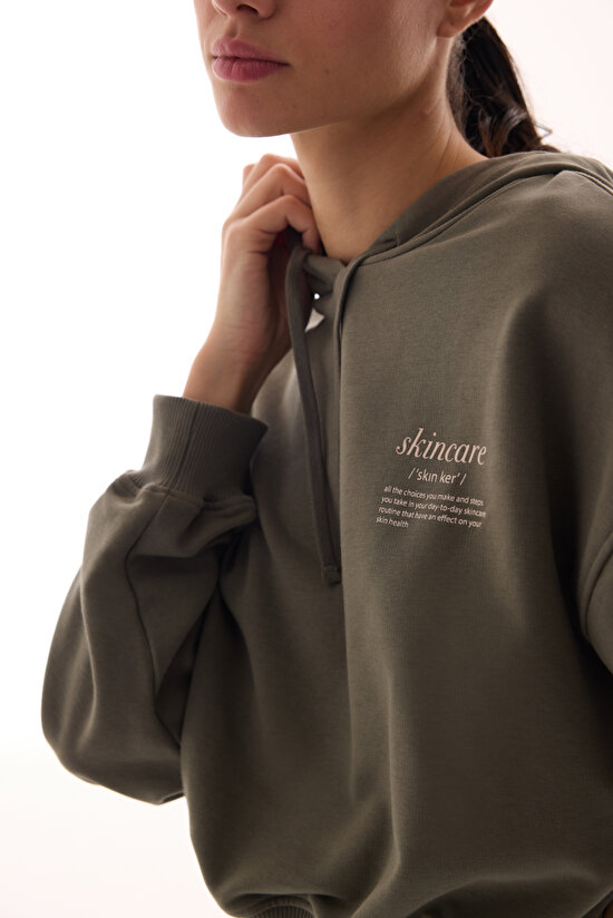 Haki Kapüşonlu Crop Sweatshirt - 4