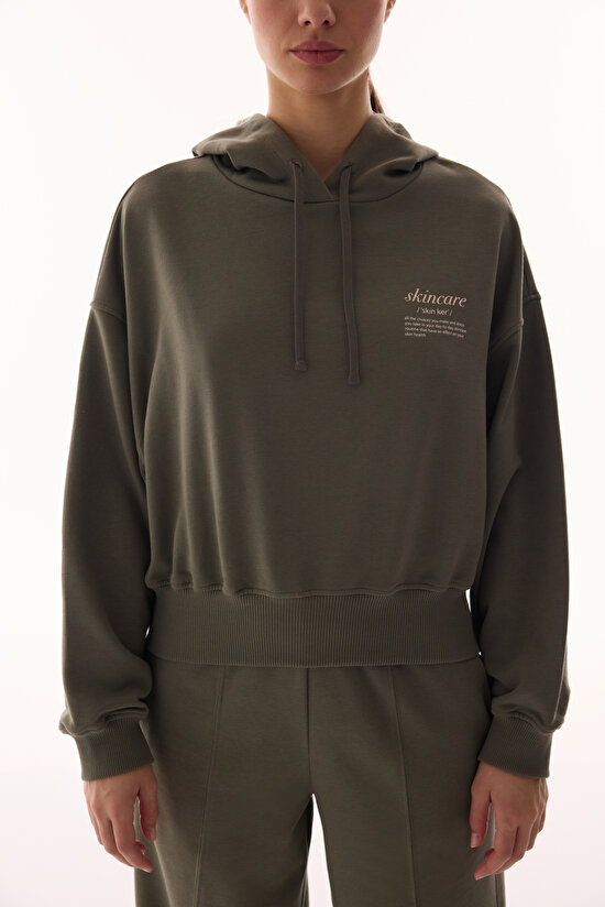 Haki Kapüşonlu Crop Sweatshirt - 6