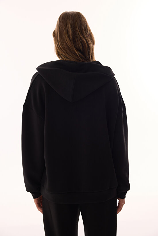 Siyah Kapüşonlu V Yaka Oversize Sweatshirt - 5