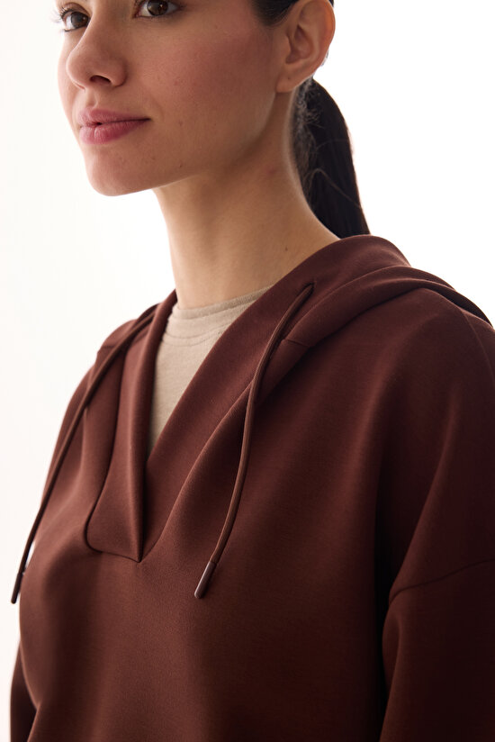 Kahverengi V Yaka Oversize Kapüşonlu Sweatshirt - 3