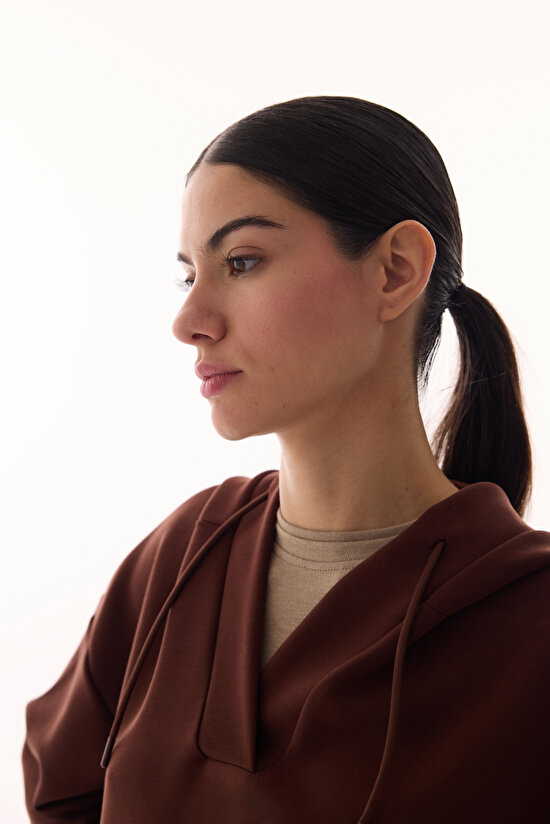 Kahverengi V Yaka Oversize Kapüşonlu Sweatshirt - 4