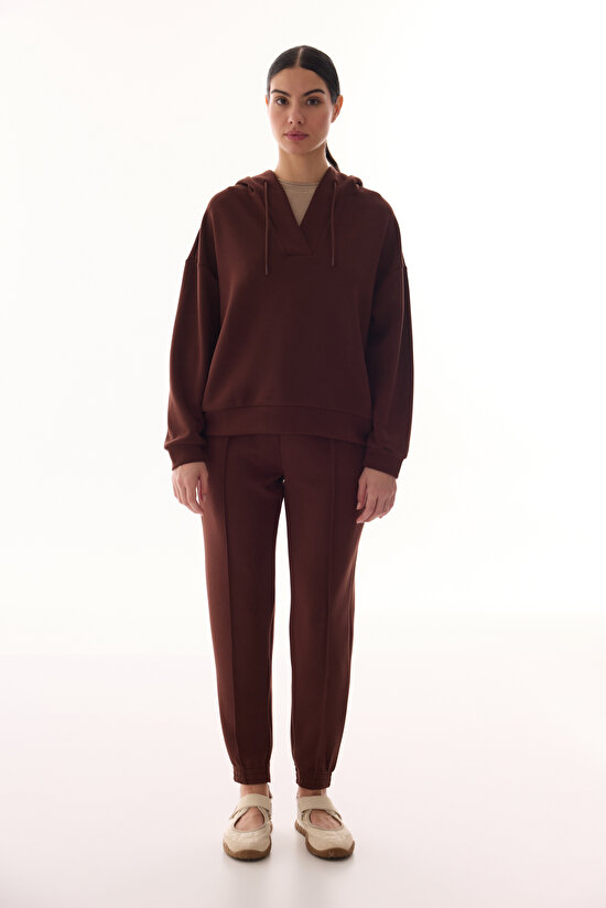Kahverengi V Yaka Oversize Kapüşonlu Sweatshirt - 5