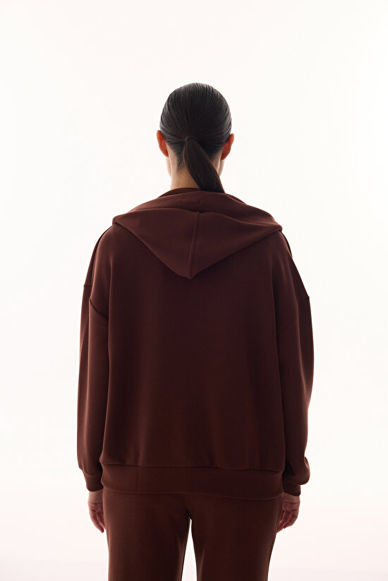 Kahverengi V Yaka Oversize Kapüşonlu Sweatshirt - 6