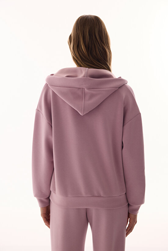Lila V Yaka Oversize Kapüşonlu Sweatshirt - 3