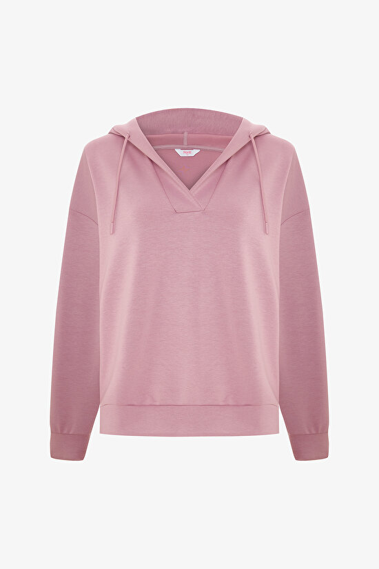 Açık Lila Silky Feel V Yaka Hoodie - 1