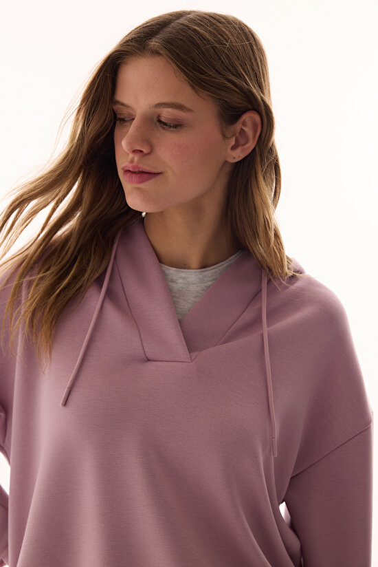Lila V Yaka Oversize Kapüşonlu Sweatshirt - 4