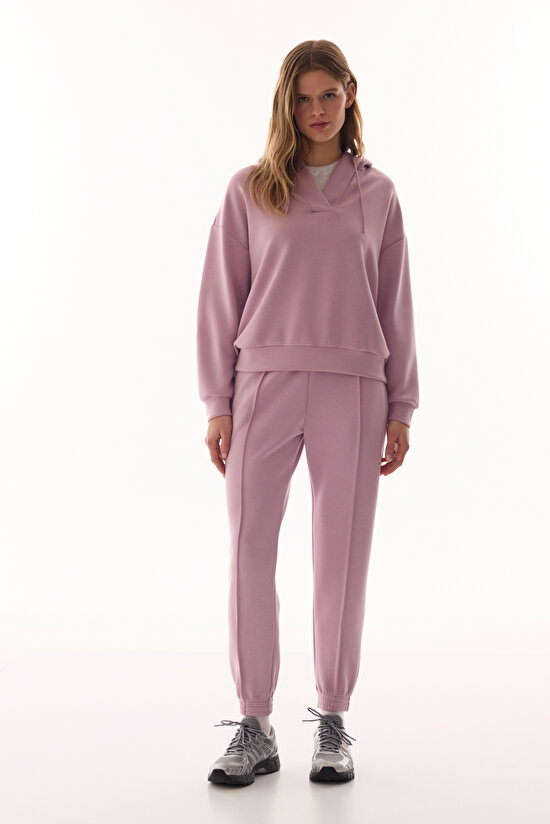 Lila V Yaka Oversize Kapüşonlu Sweatshirt - 5