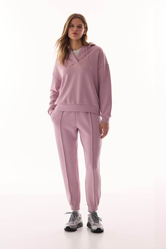 Lila V Yaka Oversize Kapüşonlu Sweatshirt - 6