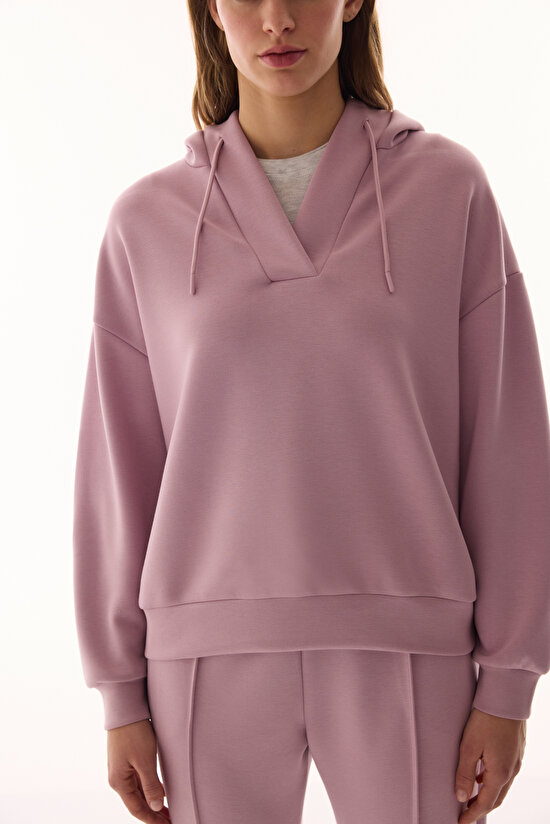 Lila V Yaka Oversize Kapüşonlu Sweatshirt - 7