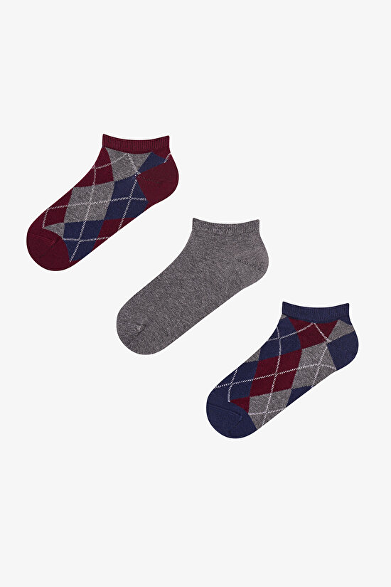 Burgundy Shiny Checked Argyle Cotton Glitter 3 Pack Liner Socks - 1