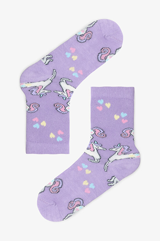 Kız Çocuk Çizgili Unicorn Desenli Pamuklu 4'lü Soket Çorap - 3