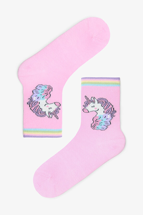 Kız Çocuk Çizgili Unicorn Desenli Pamuklu 4'lü Soket Çorap - 5