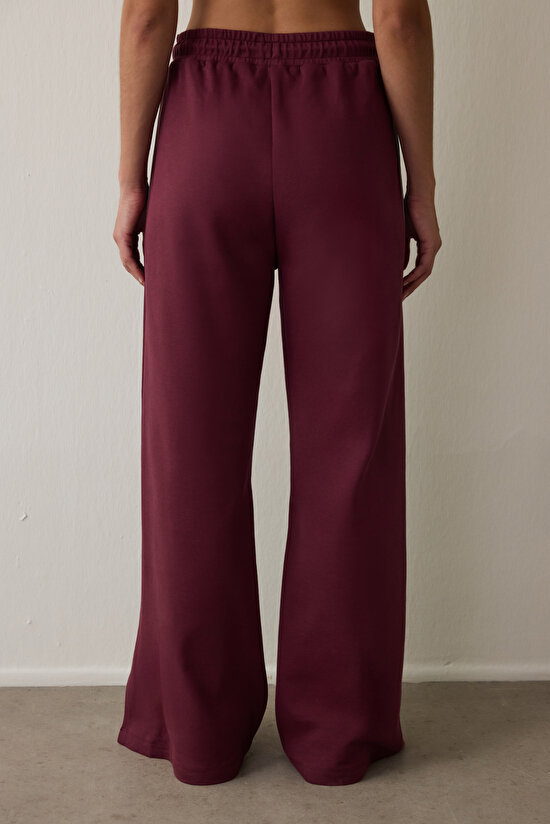 Bordo Düz Paça Yüksek Bel Eşofman Altı - 3