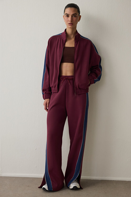 Bordo Düz Paça Yüksek Bel Eşofman Altı - 5