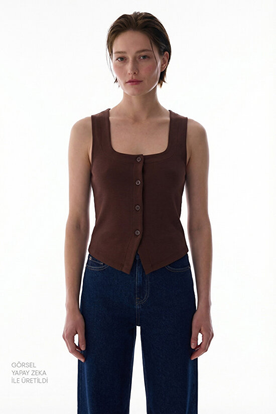 Kahverengi Kare Yaka Modal Düğmeli Yelek - 2