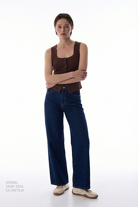 Kahverengi Kare Yaka Modal Düğmeli Yelek - 3