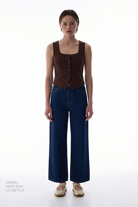 Kahverengi Kare Yaka Modal Düğmeli Yelek - 4