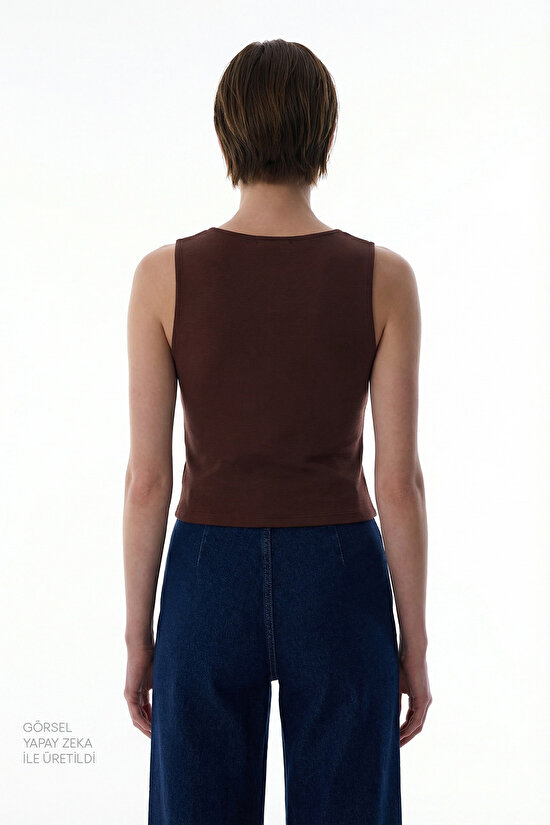 Kahverengi Kare Yaka Modal Düğmeli Yelek - 5