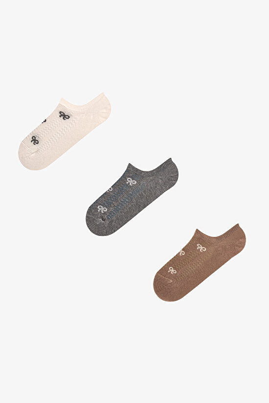 Kahverengi Ribbon Jacquard 3lü Sneaker Çorabı - 1